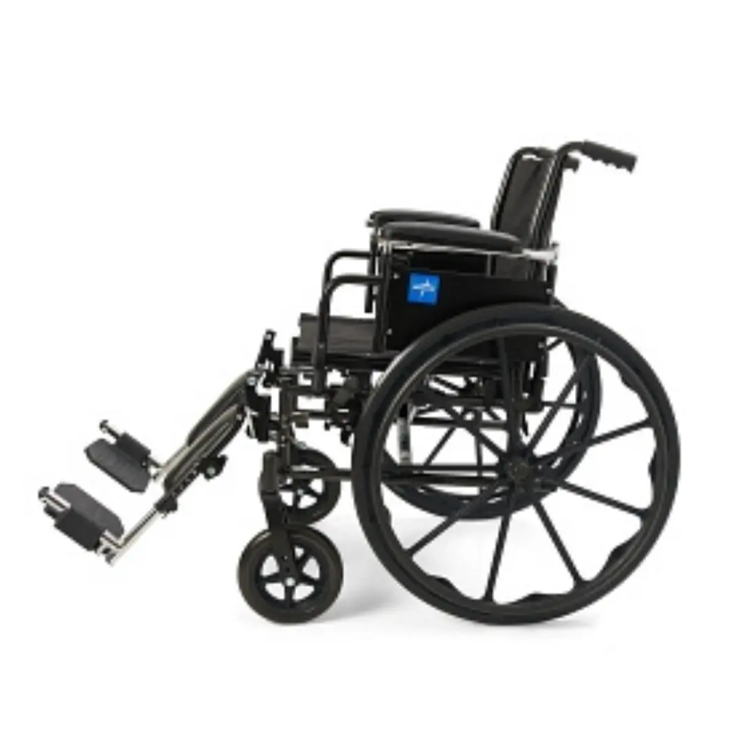 Pictured is a Medline Wheelchair that is lightweight and easy to use, featuring Flip-Back, Desk-Length Arms, and Elevating Leg Rests.